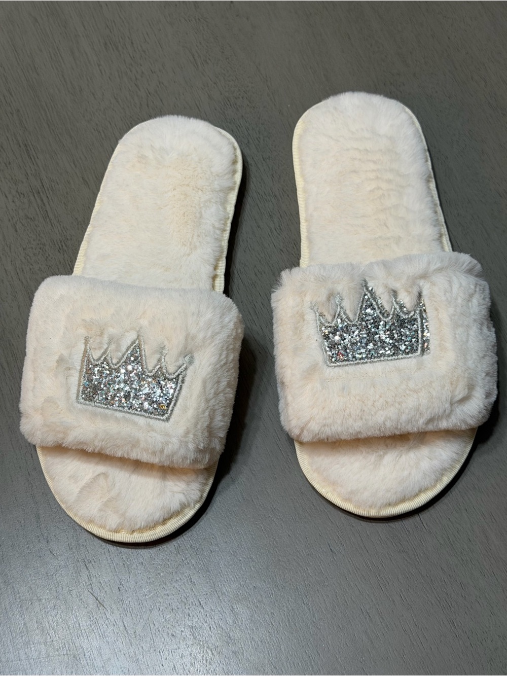 Plush Cream Slippers with Silver Glitter Crown